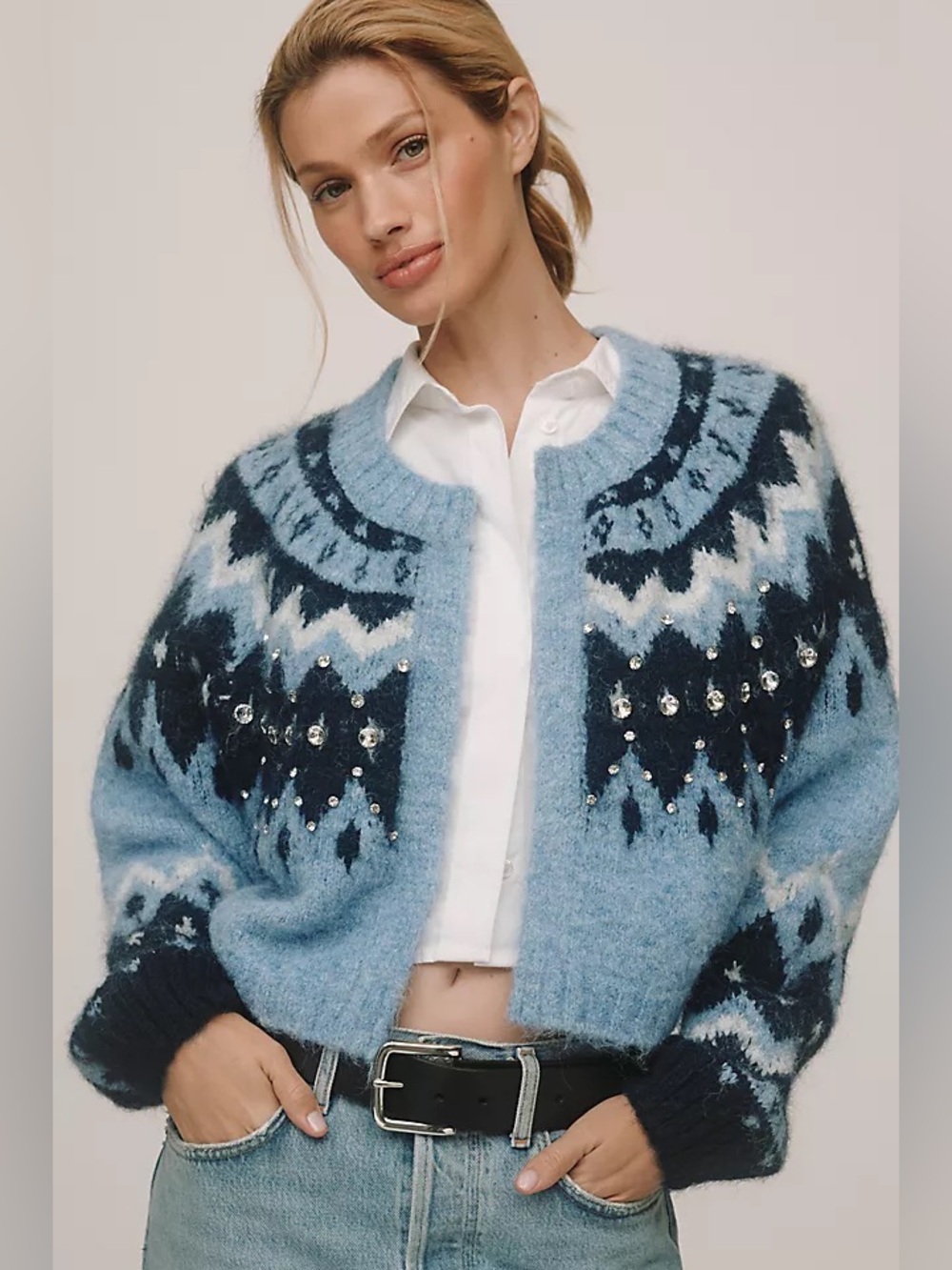 NWOT By Anthropologie Embellished Cropped Fair Isle Cardigan Sweater